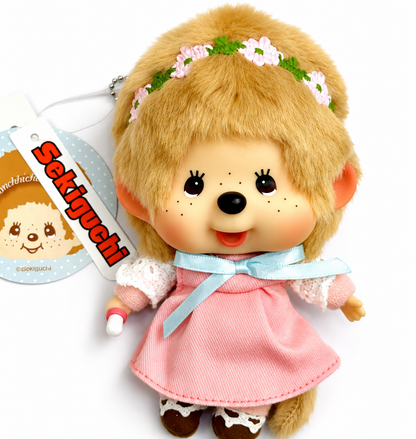 Official Monchhichi Big Head Fashion Pink Dress Girl Keychain Pendant