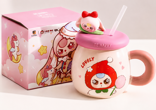 Baby Three Pink Ceramic Mug / Cup with Lid and Straw