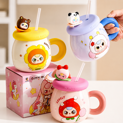 Baby Three Pink Ceramic Mug / Cup with Lid and Straw