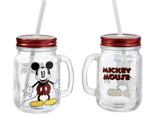 Disney Classic Mickey Mouse Glass Mason Jar Cup with Straw